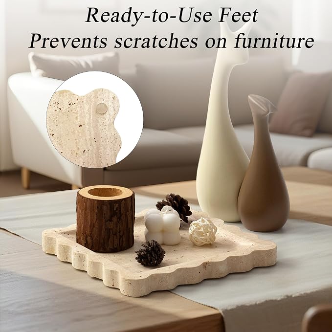 Square Travertine Vanity Tray with Scalloped Edge - Natural Stone Perfume Tray Decor for Dresser, Vanity, Kitchen, Home Decor, Decorative Square Stone Tray - Travertine 8 * 8 inch