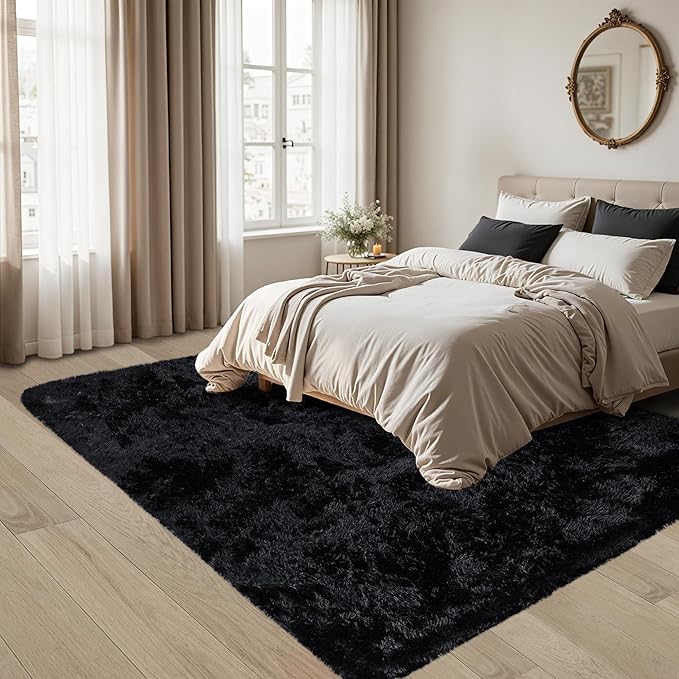 4x6 Area Rug for Living Room:Ultra Soft Fluffy Shag Black Rugs,Large Fuzzy Plush Indoor Non Slip Carpet Washable Rug for Bedroom Kids Nursery Office Dorm Modern Decor(Black 4'x6')
