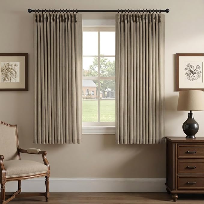Dark Taupe Pleated Linen Curtains for Small Windows 45 Inch Length 2 Panel Pinch Pleat Back Tab Burlap Short Lightweight Classy Classic Accent Brown Curtain for Bedroom Kitchen Rustic Farmhouse Decor