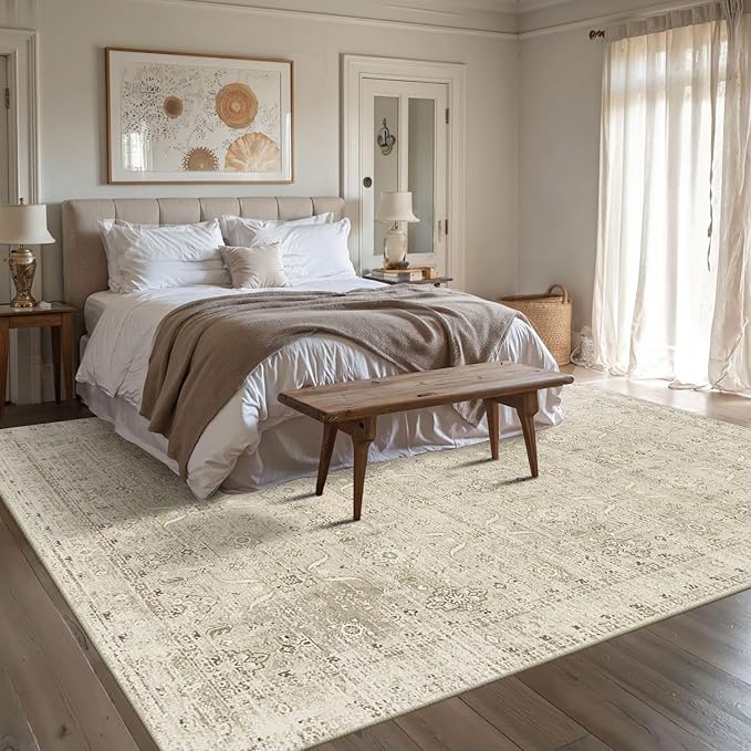 Rugxara 6x9 Area Rugs for Living Room Bedroom, Beige Large Washable Neutral Rug, Vintage Floral Retro Boho Non Slip & Low Pile Carpet for Indoor Dining Room, Classroom, Dorm, Nursery and Kids Room