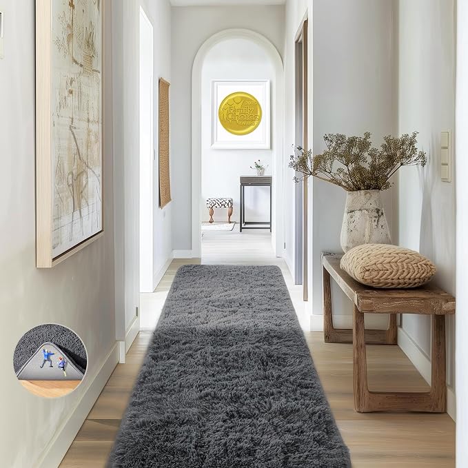 Ophanie Runner Rug for Hallway,2x7 Washable Non-Slip Fluffy Soft Bedside Rugs,Bedroom Living Room Shaggy Carpet for Kids Girls Boys Dorm Nursery Home Decor Aesthetic Grey with Over 99 pcs Pile fibers