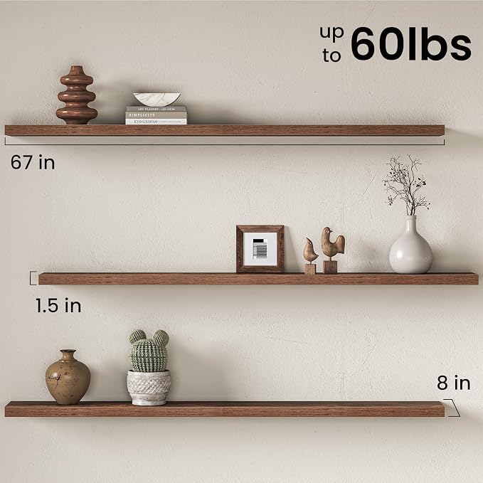 Fun Memories 67 Inch Floating Shelves for Wall, 8 Inch Deep Wall Mounted Wood Shelves with Invisible Brackets for Bathroom, Bedroom & Kitchen Storage Decor, Rustic Brown, 2 Pack