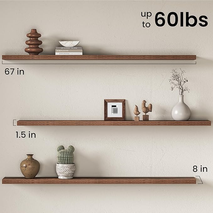 Fun Memories 67Inch Long Floating Shelves, 8 Inch Deep Shelves for Bedroom|Living Room, Wall Mounted Wood Hanging Shelf with Invisible Brackets for Fireplace Mantel Home Storage Decor, Brown - 2 Pack