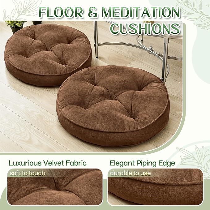 1 MIDDLE ONE Floor Pillow Set of 2, Memory Foam Meditation Cushion, Floor Cushions for Adults Sitting, Large Round Seat Cushions for Yoga, Living Room, 20x20 Inch (Round | Brown)