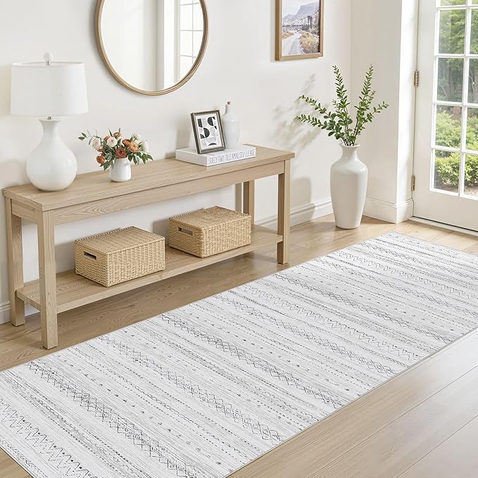 cotiled Hallway 2.6x8 Runner Rugs: Washable Boho Rugs with Non Slip Backing Large Soft Indoor Low Pile Carpet for Living Room Bedroom Farmhouse Dining Room Lightweight Home Decor Grey