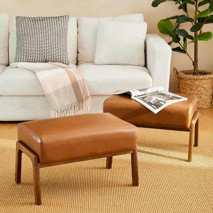 Glitzhome 15.5"(H) Footrest Stool Set of 2, Leatherette Ottoman, Accent Padded Sofa Foot Stool for Accent Chair, Wood Frame Foot Rest Ottoman for Living Room, Bedroom, Yellowish-Brown