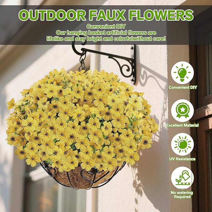Artificial Flowers Fake Plants for Outdoors Spring Decoration, 13Bundles Silk Realistic UV Resistant Faux Flowers for Outside Planter Porch Yard Patio Garden Home Indoor, Yellow