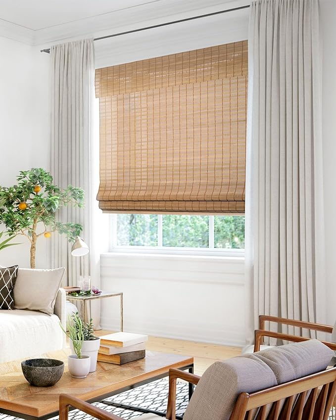 CHICOLOGY Bamboo Roman Shade, Cordless Light Filtering Woven Wood Window Treatment for Living Room, Dining Room, Kitchen & Office, Natural Bamboo Blinds for Boho Coastal Decor, Squirrel, 31"W x 48"H