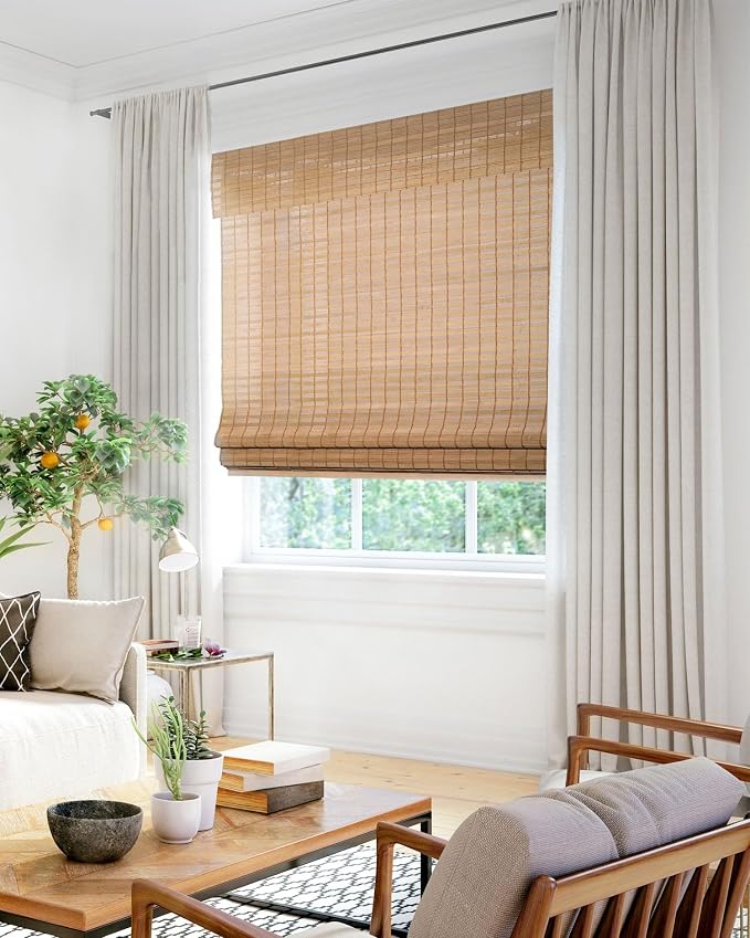 CHICOLOGY Bamboo Roman Shade, Cordless Light Filtering Woven Wood Window Treatment for Living Room, Dining Room, Kitchen & Office, Natural Bamboo Blinds for Boho Coastal Decor, Squirrel, 34"W x 48"H