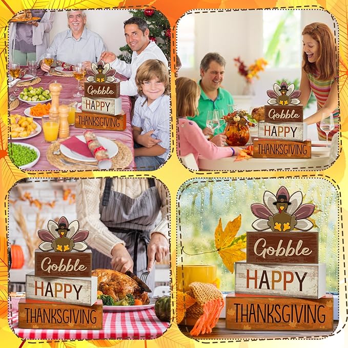 Lineshading 4 Pcs Thanksgiving Decorations for Home Wooden Turkey Thanksgiving Table Centerpiece Fall Tiered Tray Decor Rustic Wooden Turkey Block Sign for Autumn Harvest Party Table Kitchen Shelf