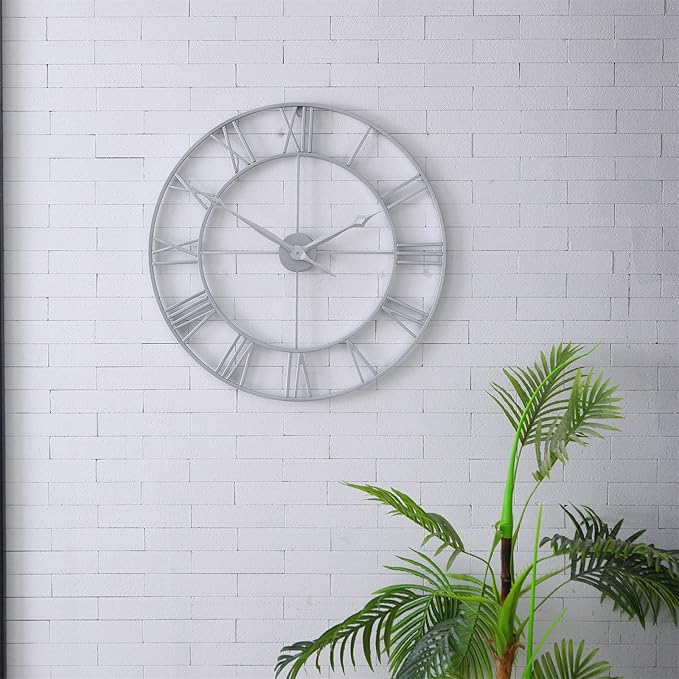 CLXEAST Large Modern 30 Inch Wall Clock Silver, Oversized Big Roman Numeral Metal Wall Clocks for Living Room Decor, Home Office,Dinning Room