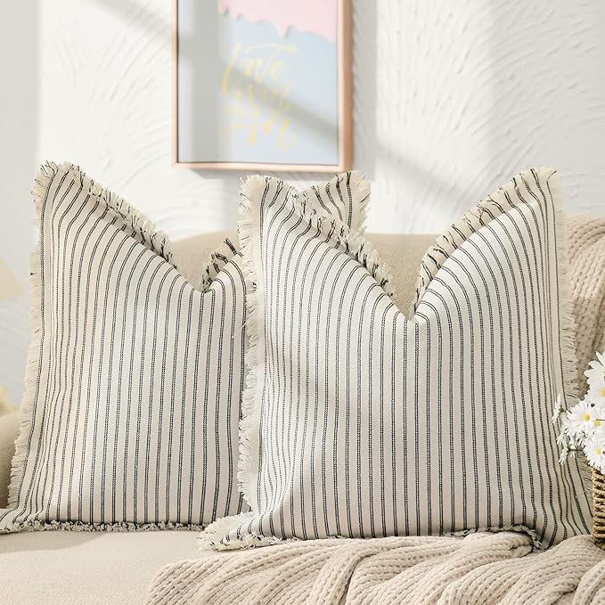 ZWJD Throw Pillow Covers 16x16 Set of 2 Striped Pillow Covers with Fringe Chic Cotton Decorative Pillows Square Cushion Covers for Sofa Couch Bed Living Room Farmhouse Decor, (Black)