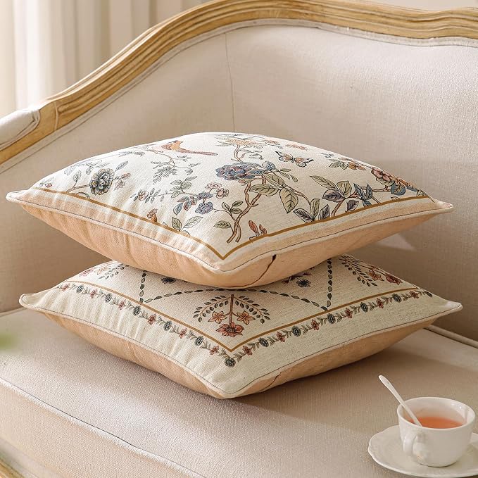 ISAENNE Designer Linen Throw Pillow Cover,Set of 2,18"x18"-Cornucopia B | Elegant French Square Pillow Cover,Concealed Zipper Design,Floral Pattern,Sofas,Bedroom,Living Room,Lounge Chairs