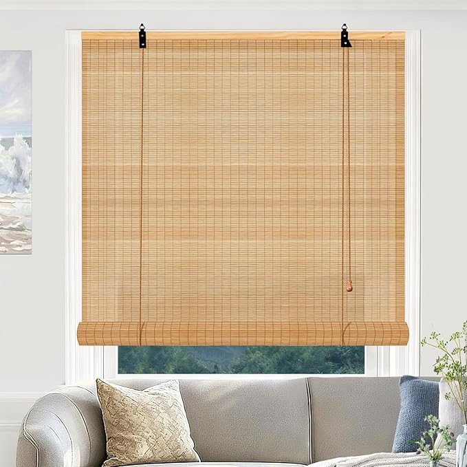 Bamboo Shades for Indoor Windows - Roll Up Shades 48Wx72L Light Filtering Hanging Window Blinds for Patio Indoor/Outdoor Porch