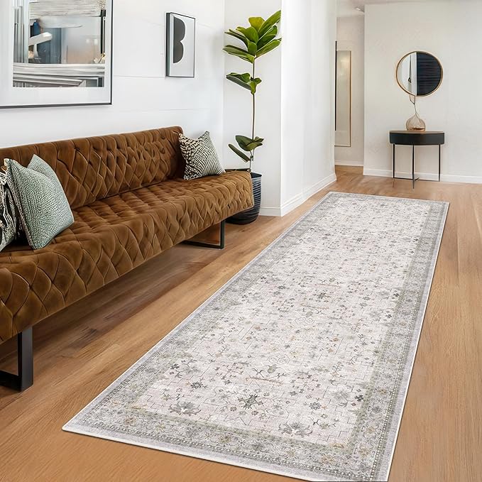 Washable Long Runners for Hallways, 3x8 Low Pile Kitchen Runner Rug, Bohemian Light Gray & Sage Entryway Indoor Rug, Distressed Floral Geometric Design, Non-Slip Stain & Fade Resistant