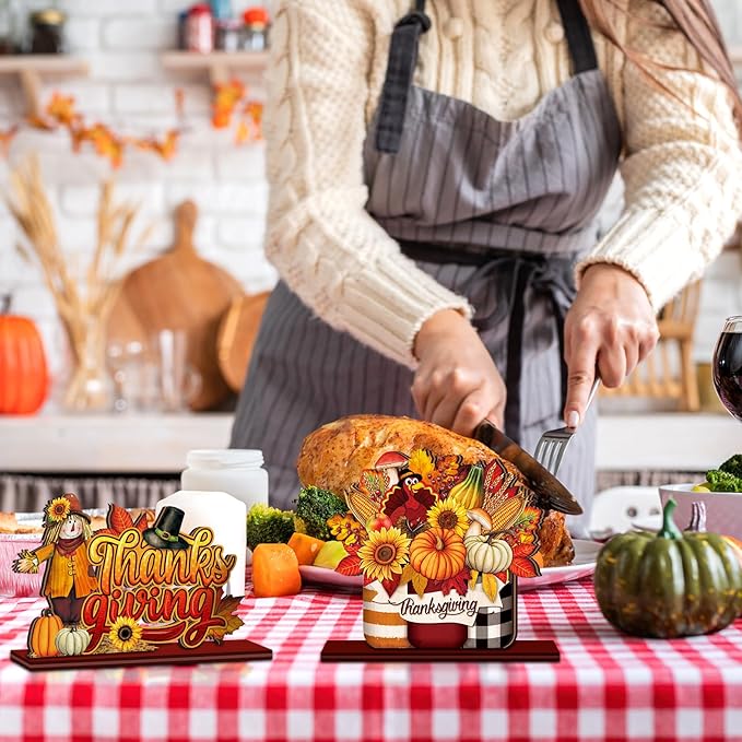 Cinnvoice 6 Pcs Thanksgiving Turkey Table Decorations Wooden Table Centerpieces Rustic Wood Tabletop Sign Decorations for Home Kitchen Office Farmhouse Desk Shelves Party Tiered Tray Decor