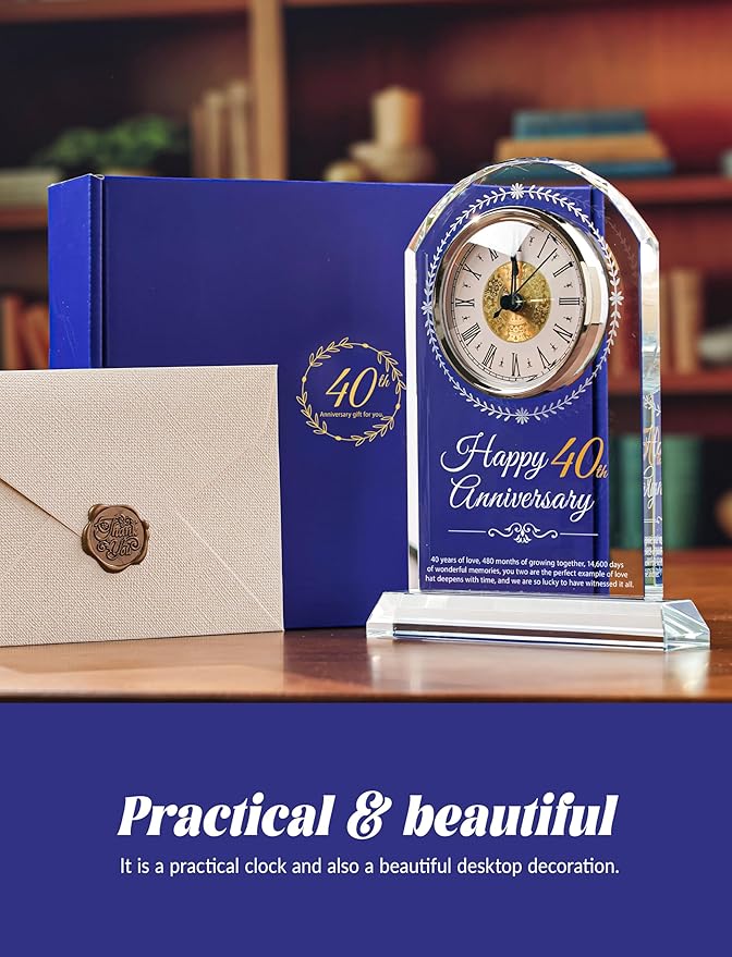 40th Wedding Anniversary Crystal Quartz Clock,40 Years of Marriage Gift,Happy Ruby Anniversary Decoration Gift,for Parents,Grandparents,Couple