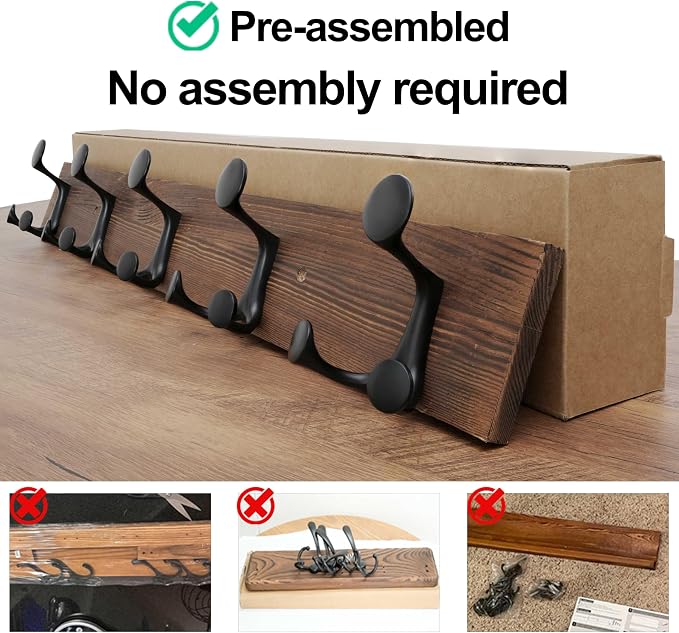 WEBI Coat Rack Wall Mount,30" Solid Wood Coat Hooks Wall Mounted Coat Hanger,16" Hole to Hole,Heavy Duty Hook Rack,5 Triple Hooks for Hanging Coats,Jacket,Hat,Backpack,Farmhouse,Brown