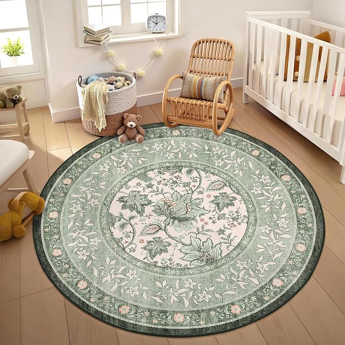 GarveeHome Sage Green Botanical Grove 5ft Round Rug, Small Circle Vintage Cottagecore Soft Low-Pile Non-Slip Washable Rugs for Living Room Bedroom Nursery Kitchen Retro Carpet