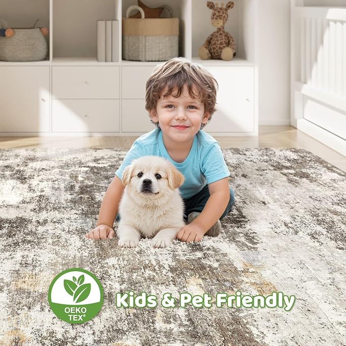 9x12 Area Rug Living Room: Washable Large Abstract Neutral Modern Soft Rugs Stain Resistant Indoor Floor Non-Slip Accent Carpet for Bedroom Nursery Playroom Dining Room Office Dorm Home- Brown Yellow