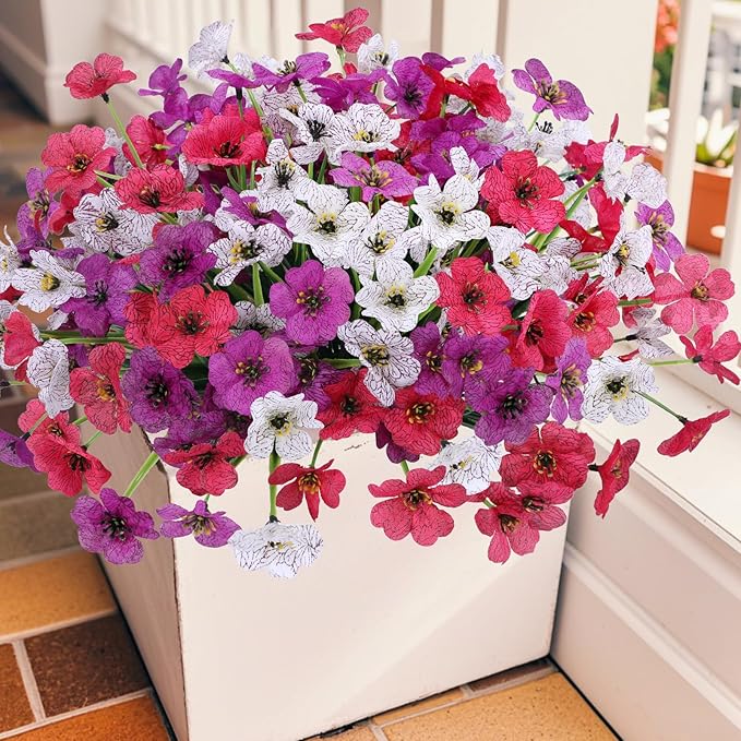 Geegoods Artificial Mums Flowers for Outdoors, 12 Bundles UV Resistant Fake Plastic Colorful Mix Flowers for Patio Porch Spring Summer Decor