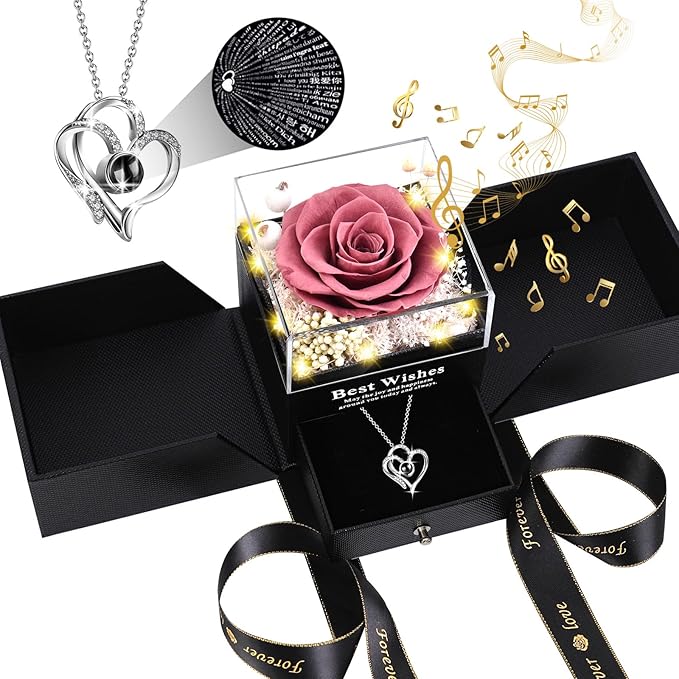Pasuvsigt Mothers Day Mom Birthday Gifts for Women, Preserved Real Rose with I Love You Heart 100-Language Necklace, LED Lights & Music Box, Anniversary for Women Girlfriend Mom