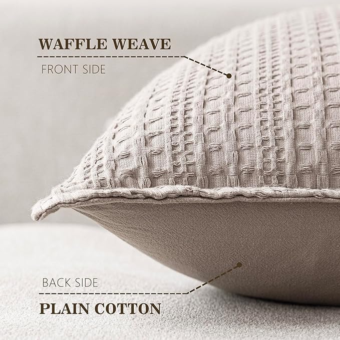 Foindtower Set of 2 Decorative Cotton Waffle Weave Throw Pillow Covers Euro Shams Cushion Covers Accent European Pillowcase for Bed Couch Sofa Bedroom Living Room Home Decor 22×22 Inch Tan Beige