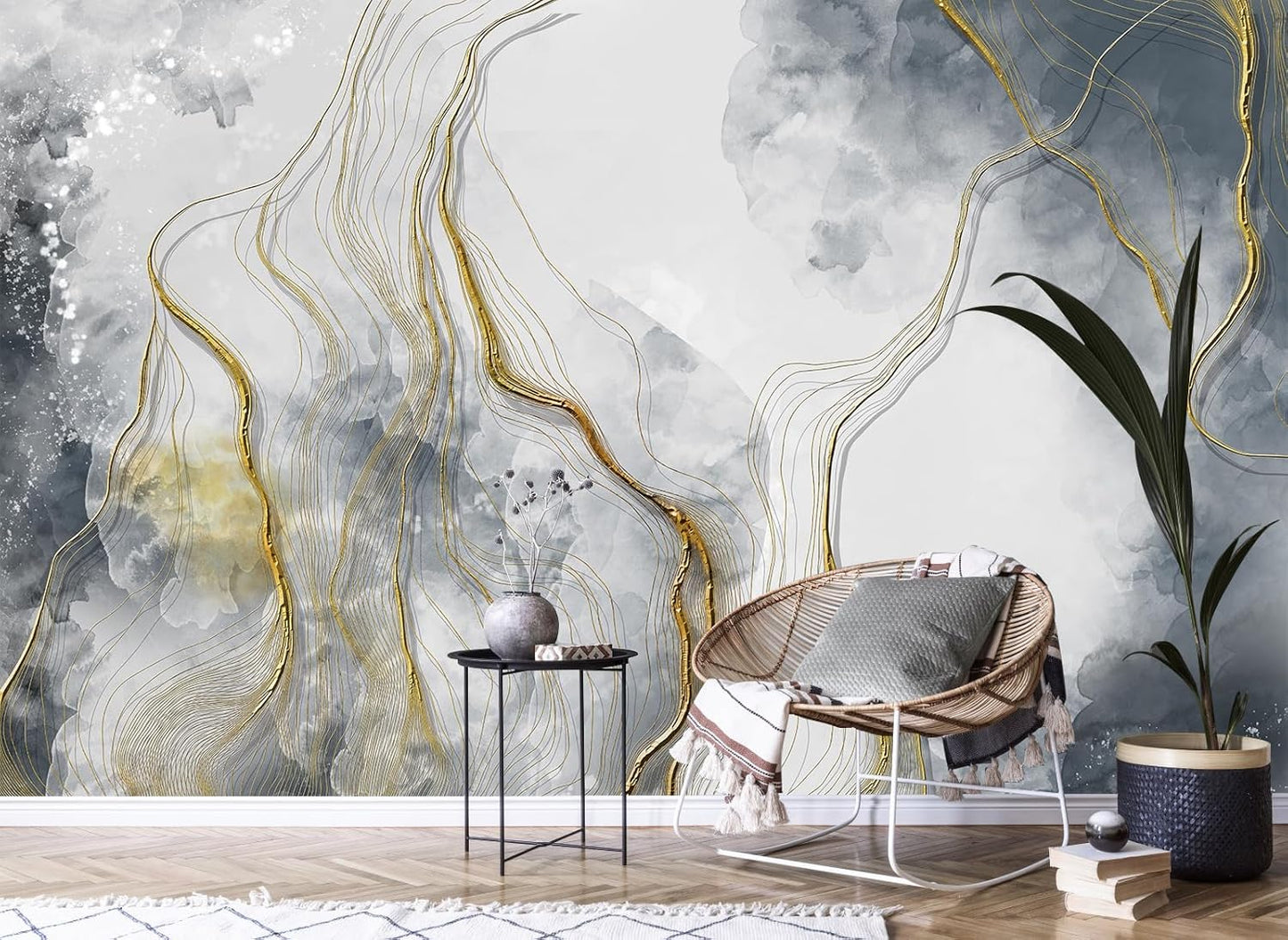 Abstract Grey Marble Wallpaper Large Abstract Gold Wall Mural for Bedroom Living Room Office(Not Peel and Stick)