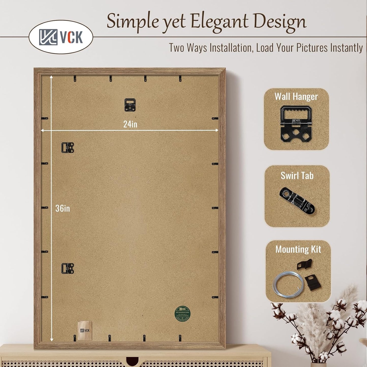 VCK 24x36 Poster Frame 3 Pack - Brown Walnut, Natural Textured Solid Wood Picture Frame, Wall Mounting Hanging