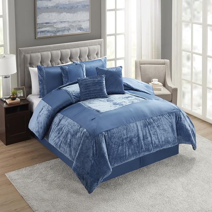Queen Comforter Set 7 Piece - Ultra-Soft Comforter, 2 Shams, Elegant Bed Skirt, & 3 Decorative Throw Pillows - Luxurious Crushed Velvet Premium Bedding Ensemble for Sophisticated Bedroom, Navy Blue