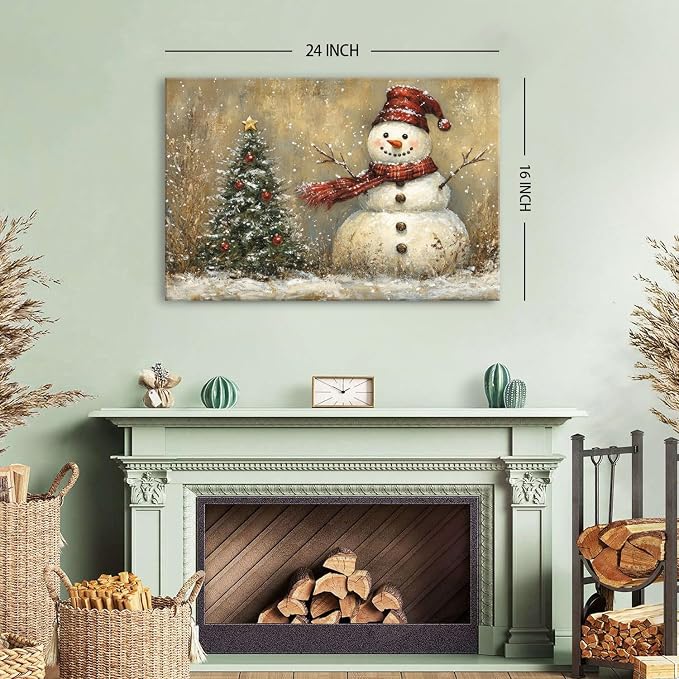 Christmas Poster Wall Art Living Room Bedroom Vintage Winter Snowy Landscape Wall Decor Farmhouse Christmas Seasonal Tree Framed Canvas Snowman Artwork Print Festival Pictures Home Decoration 24x36