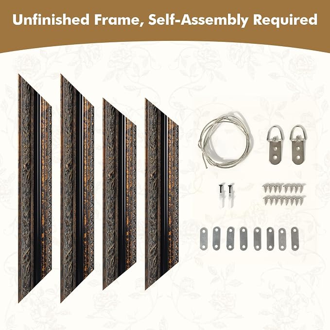 Vintage Black Gold Ornate Frame for 16x20 Oil Paintings, 3.2” Extra Wide DIY Wood Canvas Frame For Baroque Victorian Paintings Art Prints Class Artwork Designer Show, No Glass Cover & Back