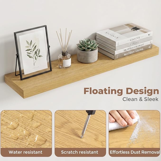 Venusmiles Floating Shelves for Wall, 30 Inch Floating Shelves Set of 2, 6.5" D Wooden Wall Mounted Display Shelves with Invisible Brackets for Living Room, Bedroom, Bathroom, Kitchen Decor, Oak
