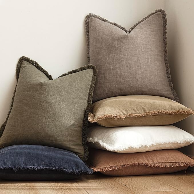 Foindtower Set of 2 Decorative Linen Fringe Throw Pillow Covers Boho Farmhouse Cushion Cover with Tassels Accent Pillowcase for Couch Chair Sofa Bed Living Room Home Decor,16×16 Inch,Dune