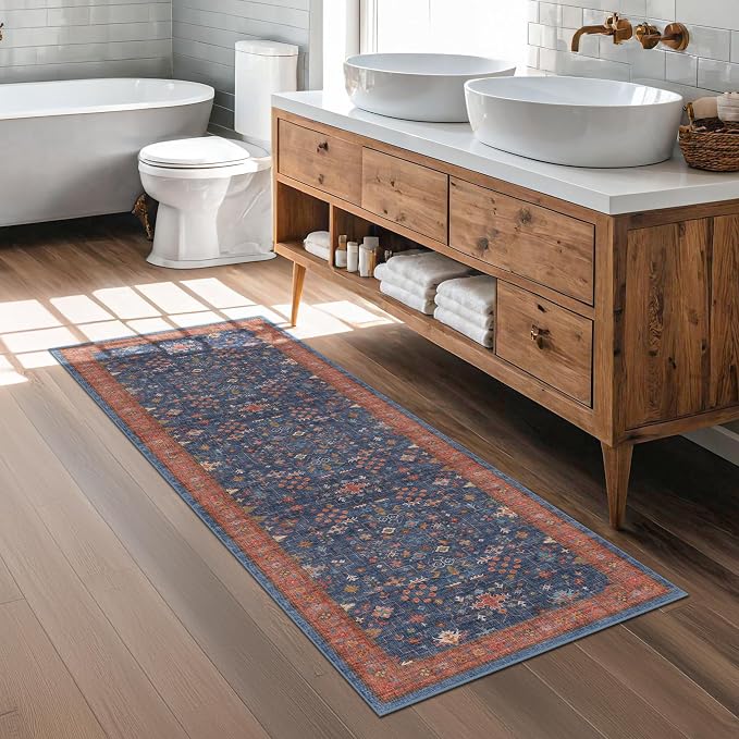 Hazo Haus Navy Blue Runner Rug 2x5 for Hallway, Kitchen, Bathroom, Mudroom, Laundry Room, Washable Non Slip Non Skid Rubber Backing Low Pile Stain Resistance