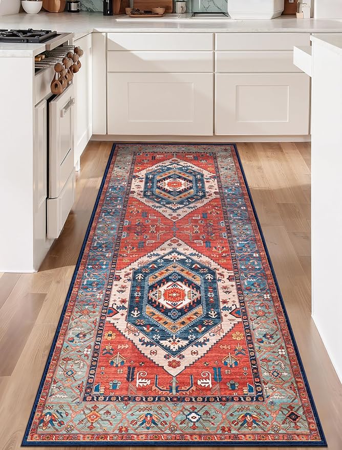 SERISSA Boho Kitchen Runner Rug, 3x7 Washable Non-Slip Runner Rug for Hallways Kitchen Rug, Ultra Soft Vintage Rust Print Distressed Tribal Floor Carpet Runner for Bedroom Entryway Laundry Room