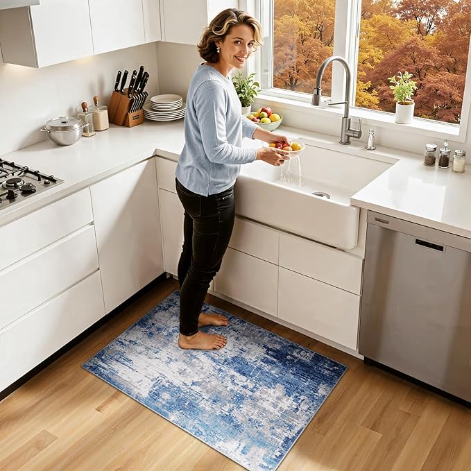 RELEANY Washable Area Rugs 2'x3' Non-Slip Modern Abstract Soft for Living Room Entryway Bedroom Nursery, Print Pattern, Blue Grey Navy Gray