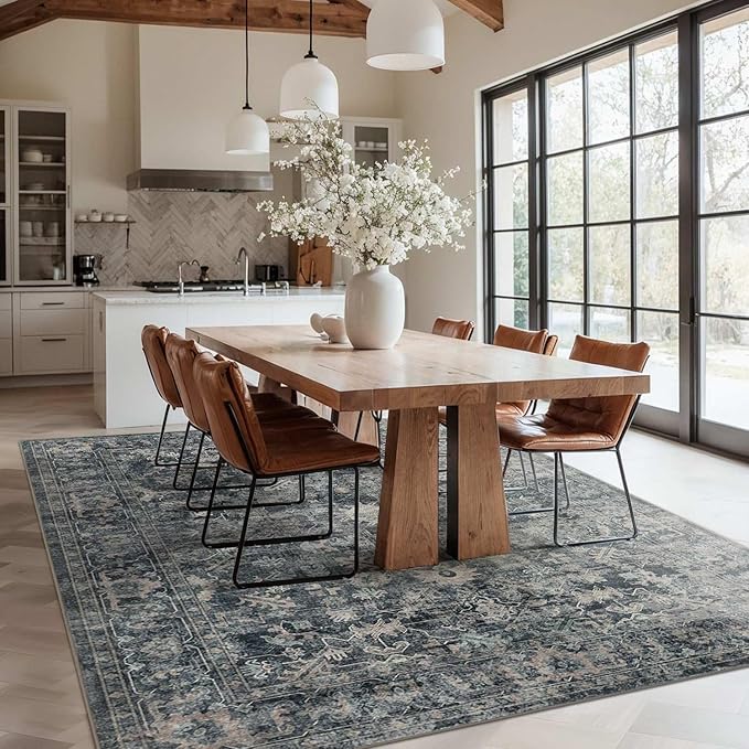 Rugxara 6x9 Area Rugs for Living Room Bedroom, Large Washable Rug, Blue Vintage Floral Boho Style, Non Slip & Low Pile Carpet for Indoor Dining Room, Dorm and Kids Room(Blue 6x9ft)