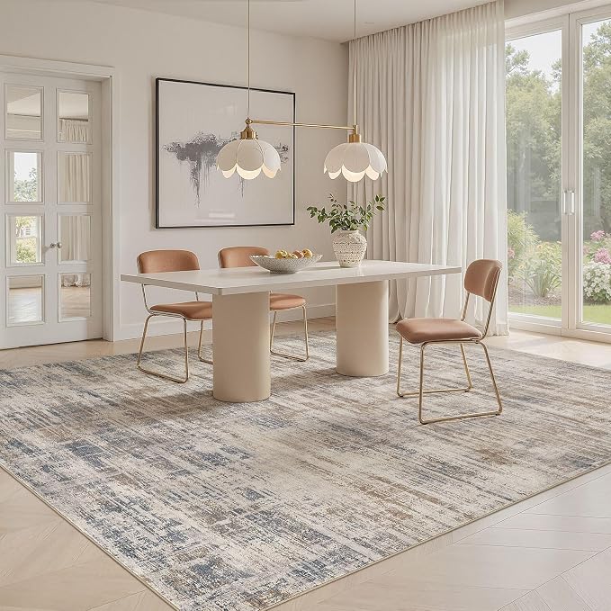 UERMEI 4x6 Washable Area Rug for Living Room: Modern Neutral Abstract Soft Low Pile Carpet Non-Slip Pet Kids Friendly Indoor Decor for Bedroom Dining Room Home Office Nursery Brown