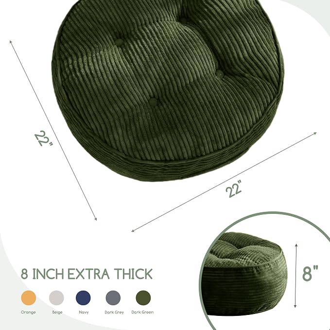 HIGOGOGO 8" Extra Thick Floor Pillow Cushion for Adults, Meditation Cushion Pillow, Large Round Floor Sitting, Tufted Corduroy Cover, for Tatami Living Room or Yoga, 22x22 Inch, 2Pack, Dark Green