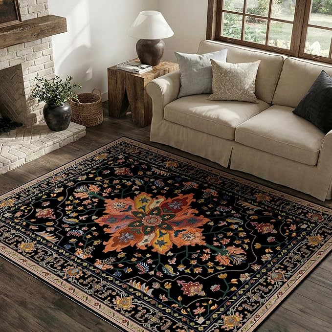 RELEANY Area Rugs 4'x5' Washable Non-Slip, Floral Vintage Distress Print Pattern Medallion Carpet for Living Room Bedroom Dining Room, Black Colorful Floral Dark Tan