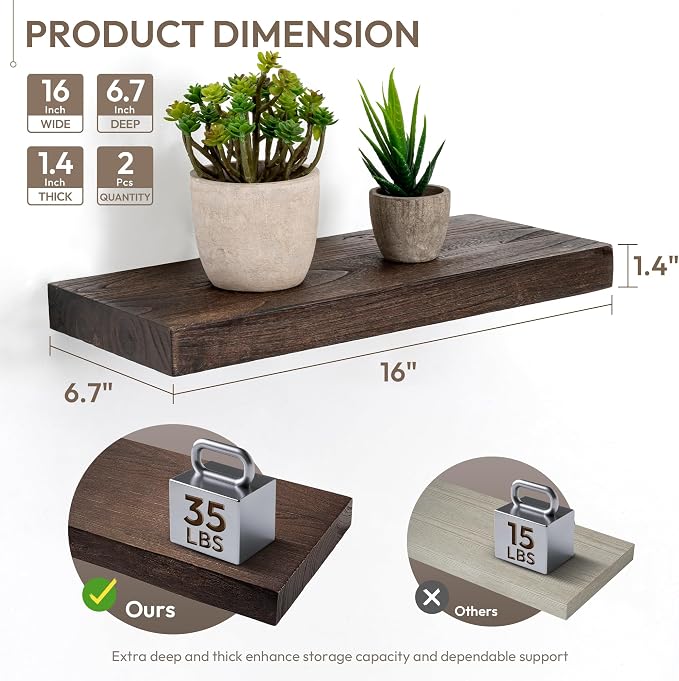 Marsmiles 16 inch Floating Shelves for Wall Solid Elm Wood Shelves|Rustic Wall Shelves with Heavy-Duty Invisible Bracket for Bathroom Living Room Kitchen|Walnut, 2 Pack