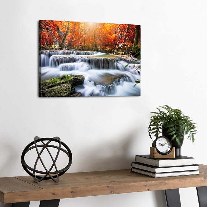 Fall Waterfall Canvas Wall Art Autumn National Park Scenery Picture for Living Room Mountain Maple Trees Prints Bedroom Wall Decor Nature Landscape Poster Modern Artwork Kitchen Home Decoration 12x16"