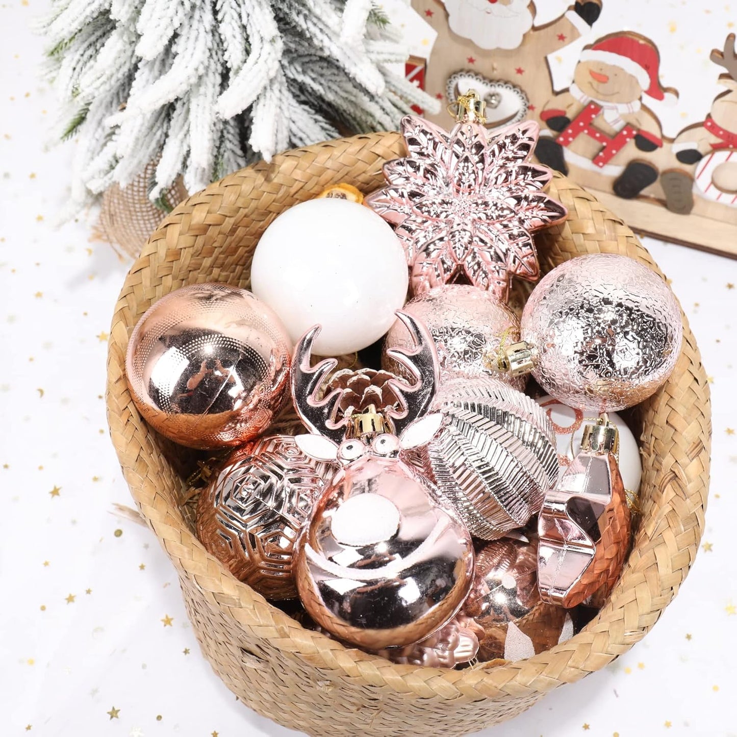 100-Pack Various Shatterproof Christmas Balls, Christmas Decorative Ball Ornaments for Xmas Tree- Rose Gold