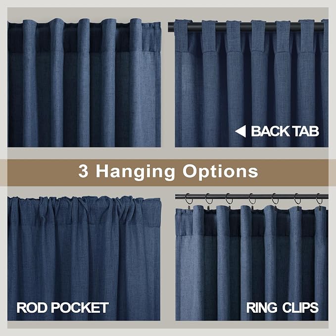 Navy Blue Curtains 72 Inch Length for Living Room Pair Set Back Tab Pocket Linen Panel Light Filtering Semi Sheer Dark Blue Curtains for Bedroom Door Picture Window Village Apartment Canopy 52x72 Long