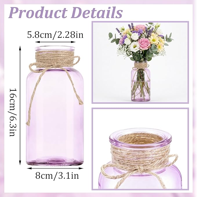 Vintage Glass Flower Vase, Farmhouse Glass Centerpiece Vases Mason Jars for Weddings, Parties & Home Decor Bulk (12, Purple)