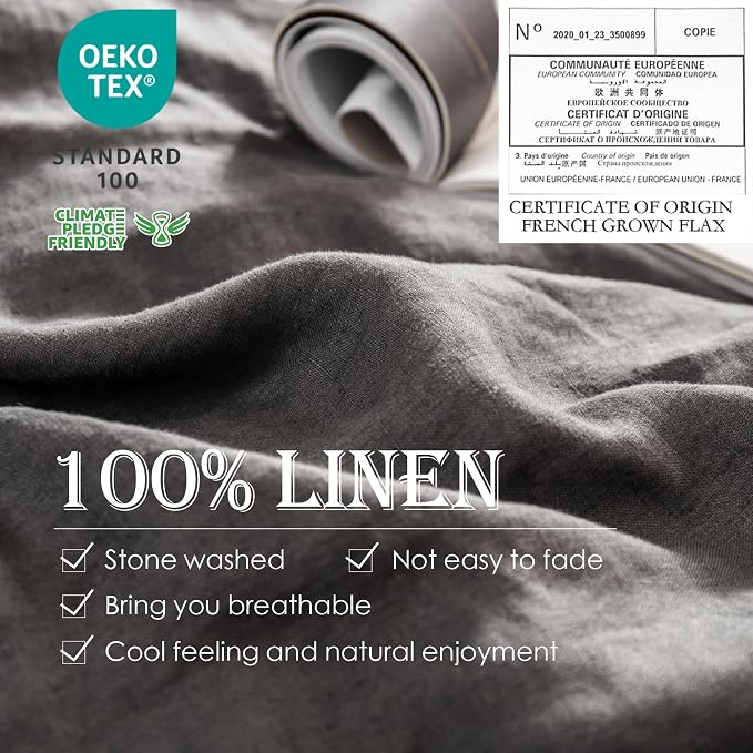 Simple&Opulence 100% Linen Duvet Cover Set 3pcs Basic Style Natural French Washed Flax Solid Color Soft Breathable Farmhouse Bedding with Button Closure - Dark Grey, King