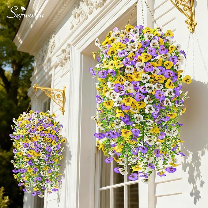 Serwalin Artificial Fake Hanging Flowers for Outdoors Planters,6PCS UV Resistant Faux Pansy Spring Flowers for Outside Porch Patio Garden Window Box (Yellow Purple White)