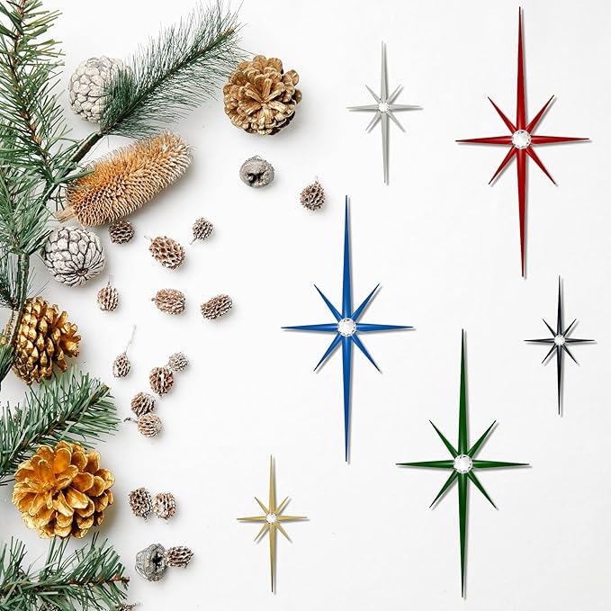 4 Pack Metal Star Wall Art 8 Pointed Starburst Wall Decor Set with 2 Large & 2 Small Pieces Mid Century Celestial Metal Wall Sculpture for Bedroom Living Room Office Gallery Wall