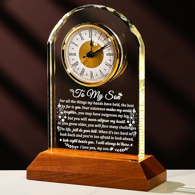 Arikyrist Meaningful Glass Clock Gifts for Son from Mom Dad Graduation with Wooden Light Base I Love You Personalised Glass Plaque Presents for Best Son Birthday Keepsakes for Him Table Decor